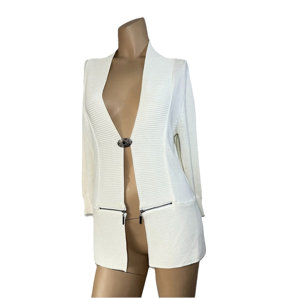 Vintage 80s DKNY Cozy White Cotton Knit Open Cardigan Zipper Detail Size Medium
